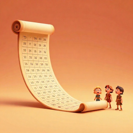 Ilustración de dibujos animados de un pergamino de calendario romano extremadamente largo para mostrar la larga duración del imperio.