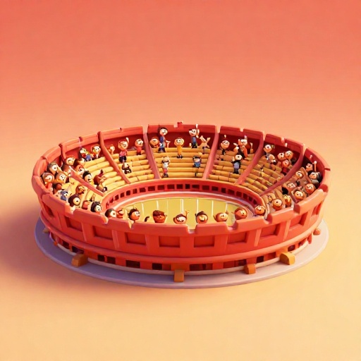 Ilustración de dibujos animados del enorme Coliseo lleno de miles de pequeños espectadores vitoreando.