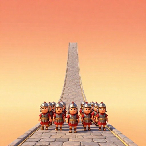 Ilustración de dibujos animados de un camino romano largo, recto y en capas con soldados marchando.