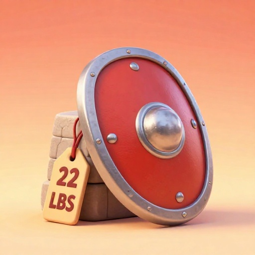 Ilustración de dibujos animados de un pesado escudo romano scutum con una etiqueta de peso que muestra 22 libras.