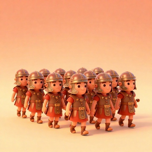 Ilustración de dibujos animados de muchos legionarios romanos marchando en una línea larga y organizada.
