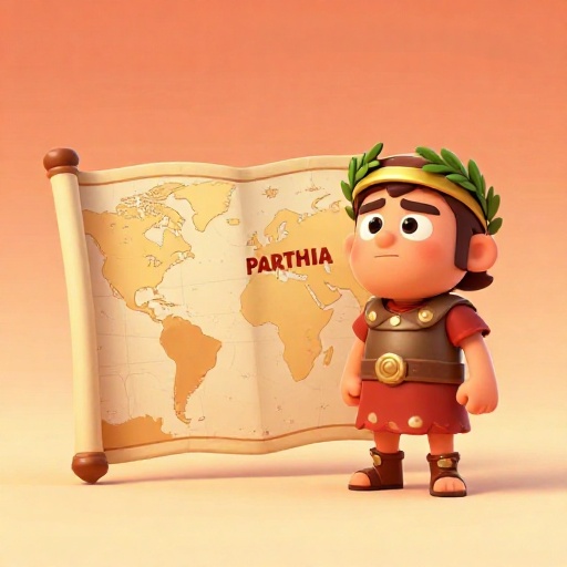 Ilustración de dibujos animados de Julio César señalando un mapa que muestra la región inexplorada de Partia.