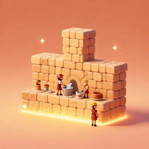 Ilustración de dibujos animados mostrando una sección transversal de un muro de cemento romano donde se mezcla ceniza volcánica.