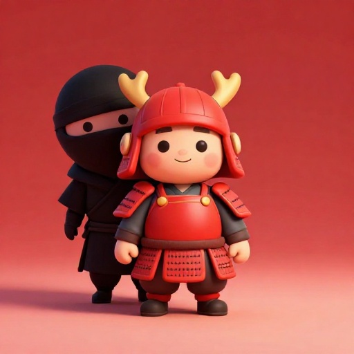 Una ilustración de dibujos animados que contrasta un Samurái orgulloso con un Ninja sombrío.