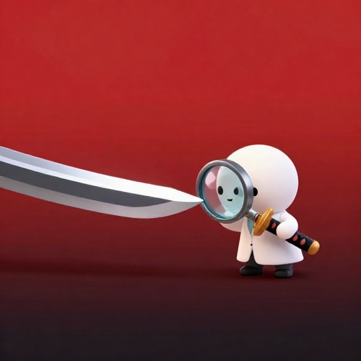 Una ilustración de dibujos animados que muestra un primer plano de un borde de katana muy afilado bajo una lupa.