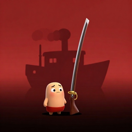 Una ilustración de dibujos animados que muestra un pequeño mosquete junto a una gran katana, señalando el fin de la era samurái.