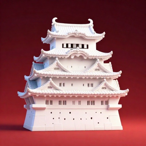 Una ilustración de dibujos animados del imponente Castillo de Himeji blanco con muchos pequeños orificios de disparo visibles.