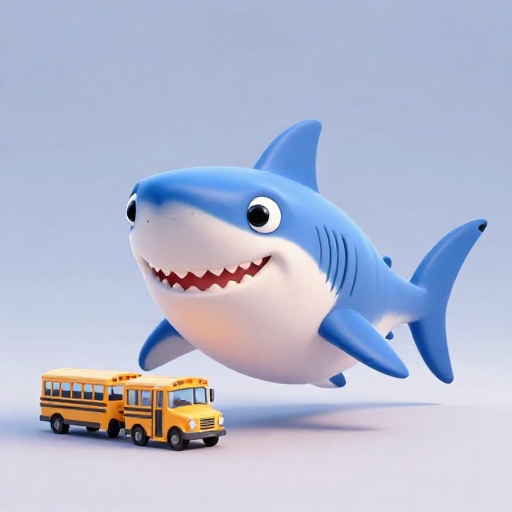 Un tiburón Megalodón gigante de dibujos animados nadando junto a dos autobuses escolares para mostrar su enorme tamaño.