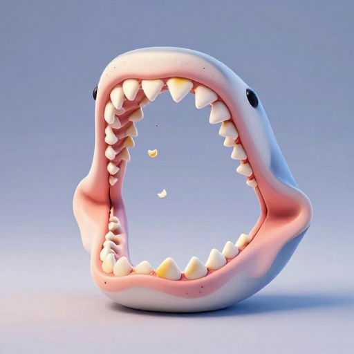 Un primer plano de la mandíbula de un tiburón mostrando filas de dientes de reemplazo tipo cinta transportadora.