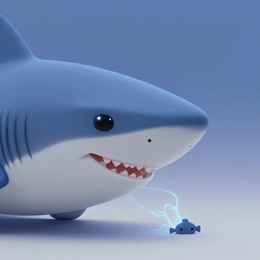 La cabeza de un tiburón de dibujos animados con puntos azules brillantes mostrando sus sensores de electrordetección.