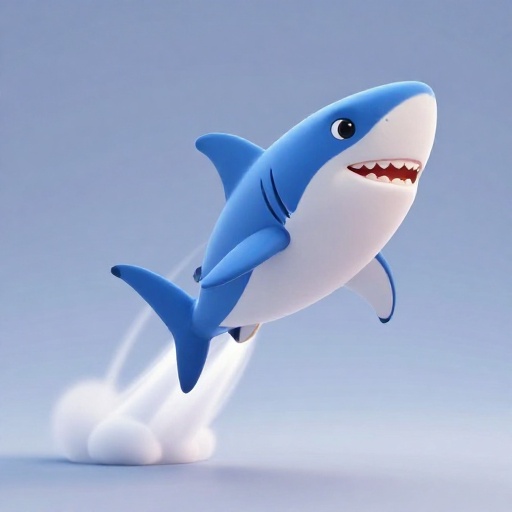 Un Tiburón Blanco de dibujos animados nadando a súper velocidad, luciendo muy rápido y poderoso.