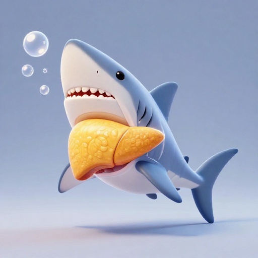 Un tiburón de dibujos animados transparente mostrando su enorme hígado aceitoso actuando como un dispositivo de flotación.