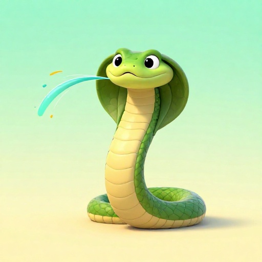 Caricatura de una cobra escupidora disparando un chorro de mecanismo de defensa líquido.
