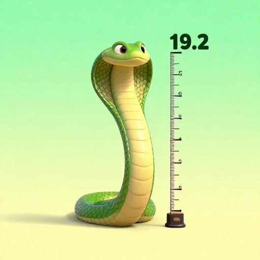 Caricatura de una Cobra Real junto a una cinta métrica marcando su récord de 19.2 pies de largo.