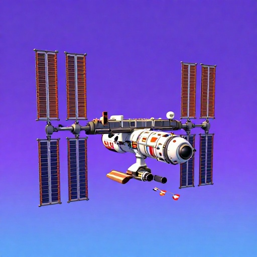 Estación Espacial Internacional de dibujos animados con muchas banderas pequeñas