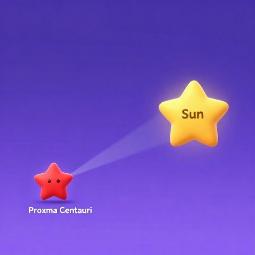 Estrella Próxima Centauri de dibujos animados con un largo rayo de luz apuntando al Sol