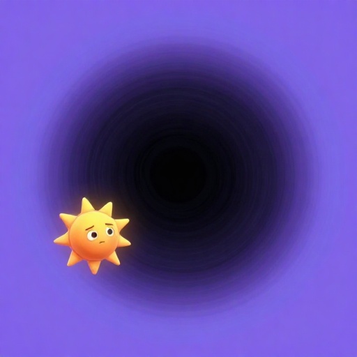 Agujero negro de dibujos animados arremolinándose, empequeñeciendo a un Sol de dibujos animados