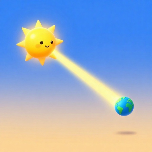 Un rayo de luz viajando desde el Sol hasta la Tierra, ilustrando el tiempo de viaje de 8 minutos.