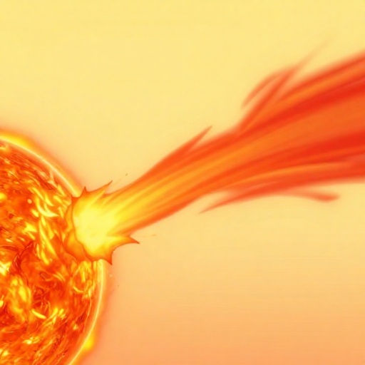 Una ilustración de una llamarada solar brillante erupcionando del Sol con rayas de energía de alta velocidad.