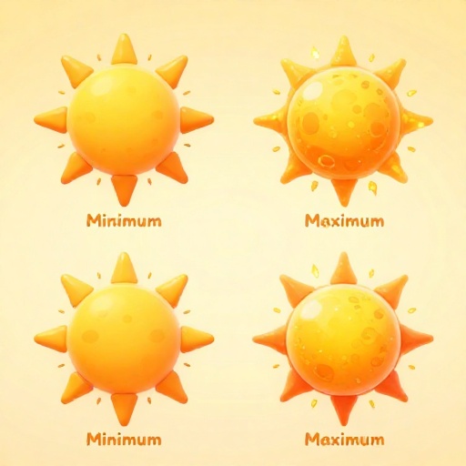 Una imagen dividida que muestra el Sol durante la fase tranquila del mínimo solar y la fase activa del máximo solar de su ciclo de 11 años.