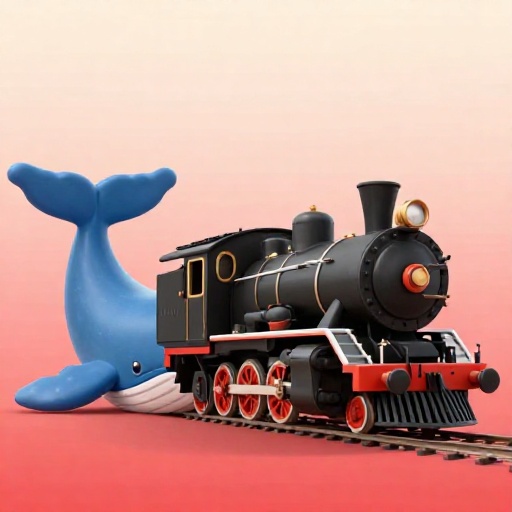 Una enorme locomotora de vapor junto a una ballena azul para mostrar su peso masivo.