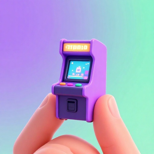 Ilustración de dibujos animados de un minúsculo juego de arcade funcional sostenido entre dos dedos.