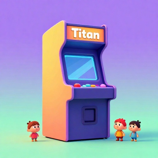 Ilustración de dibujos animados de un gabinete de arcade extremadamente grande junto a niños diminutos.