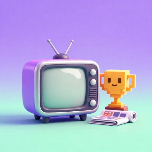 Ilustración de dibujos animados de un televisor antiguo y un trofeo que simboliza un premio temprano de esports.