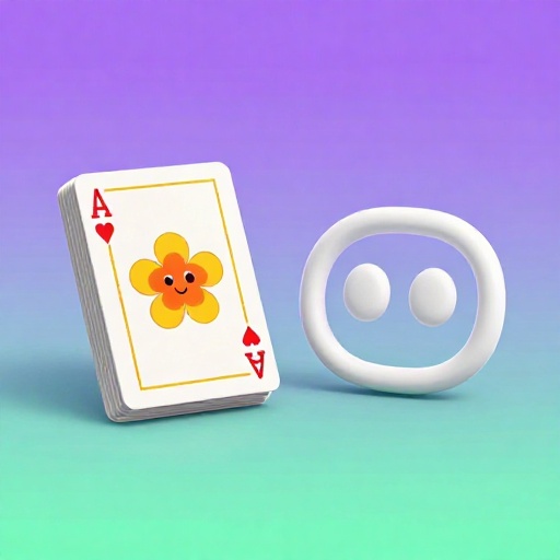 Ilustración de dibujos animados de naipes japoneses antiguos junto a un logotipo de juego moderno.