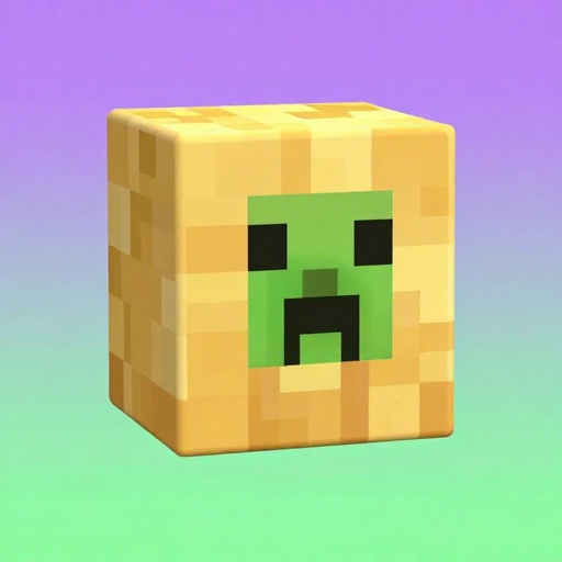 Ilustración de dibujos animados de un vasto mundo de Minecraft con un personaje amigable hecho de bloques.