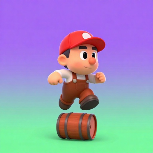 Ilustración de dibujos animados del personaje original Jumpman saltando sobre un barril.