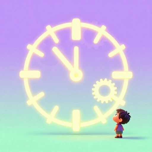 Ilustración de dibujos animados de un reloj gigante y complejo que representa un videojuego muy largo.