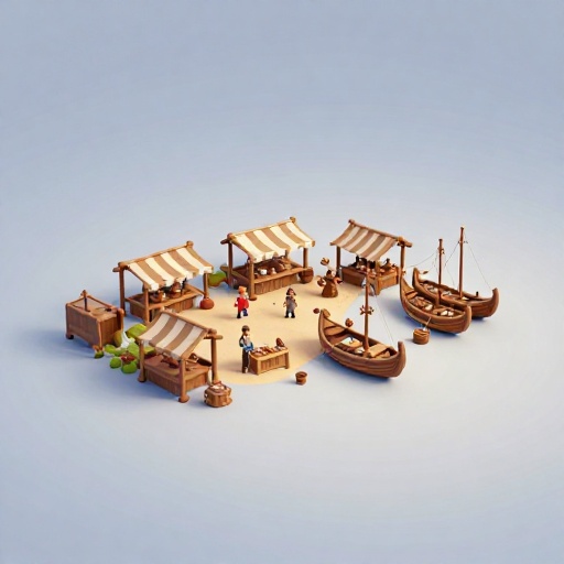 Una ilustración de dibujos animados de una pequeña y bulliciosa ciudad comercial vikinga junto a un puerto.