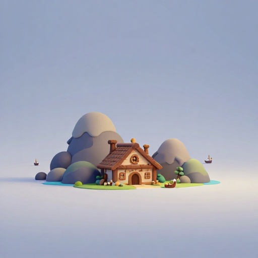 Una ilustración de dibujos animados de una pequeña granja vikinga aislada en un paisaje vasto.