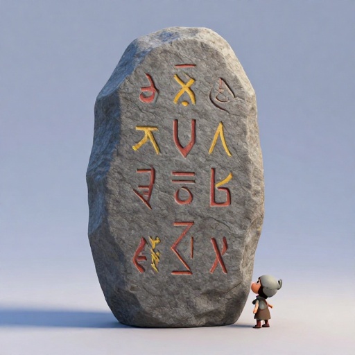 Una ilustración de dibujos animados de un niño pequeño al lado de una piedra rúnica muy alta cubierta de runas.