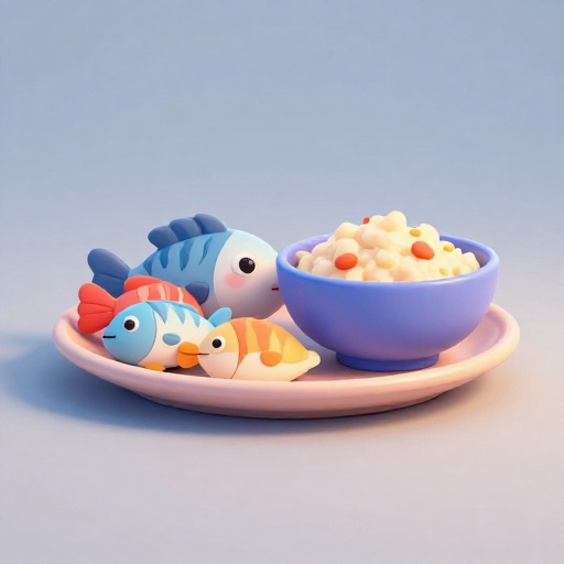 Una ilustración de dibujos animados de una fuente con muchos tipos diferentes de pescado.