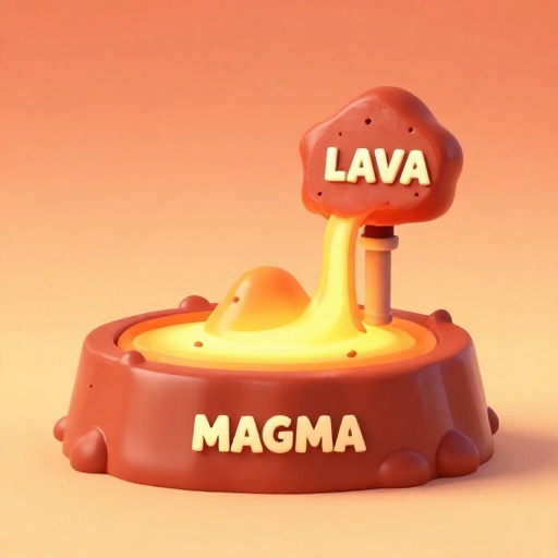 Diagrama que muestra roca fundida etiquetada como magma bajo tierra convirtiéndose en lava cuando erupciona a la superficie.
