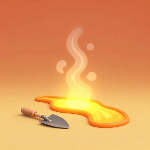 Un río de dibujos animados de lava de color amarillo brillante extremadamente caliente junto a una herramienta de jardín normal para comparación de temperatura.