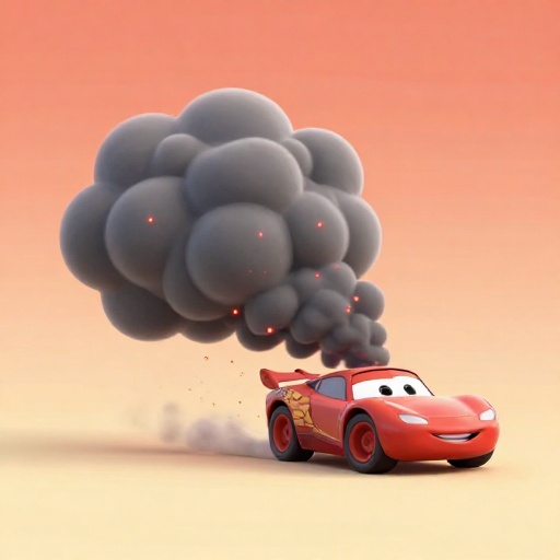 Un flujo piroclástico de dibujos animados superando a un coche de carreras, ilustrando su increíble velocidad.