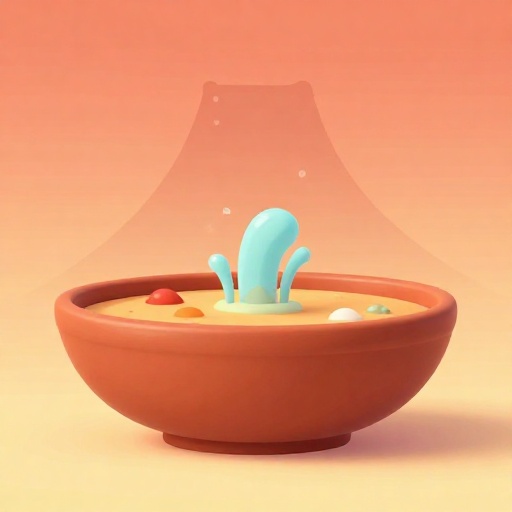 Una representación de dibujos animados de la enorme y poco profunda caldera de Yellowstone con géiseres humeando pacíficamente.