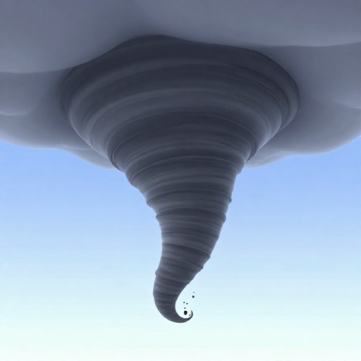 Un dibujo animado de un tornado masivo girando con una velocidad de viento increíble.