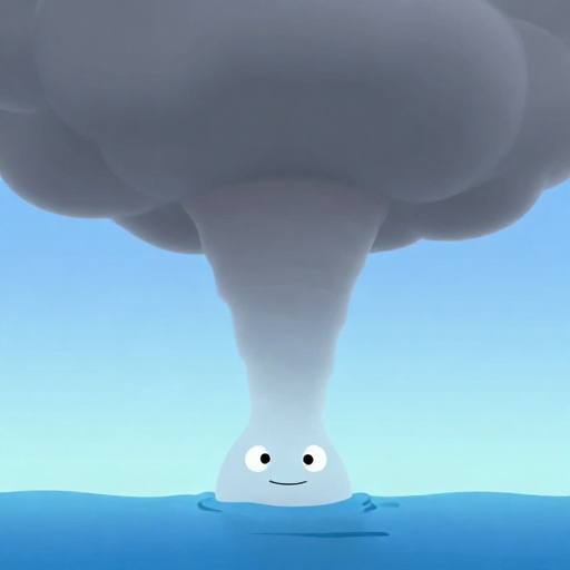 Un dibujo animado de una tromba marina muy ancha conectando las nubes y el océano.