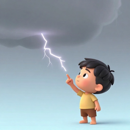 Un niño de dibujos animados contando con los dedos para medir la distancia a una tormenta eléctrica.