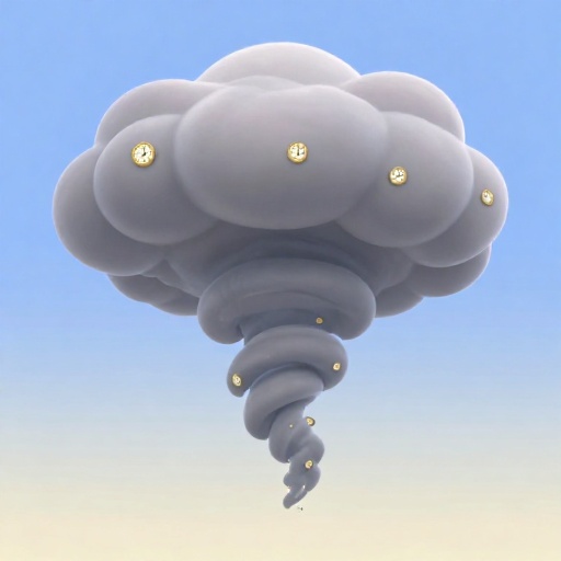 Un dibujo animado de una enorme nube de tormenta eléctrica que parece haber estado allí durante muchas horas.