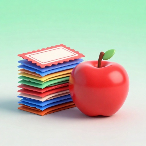 Una pila de coloridos cupones de racionamiento estilizados junto a una manzana.