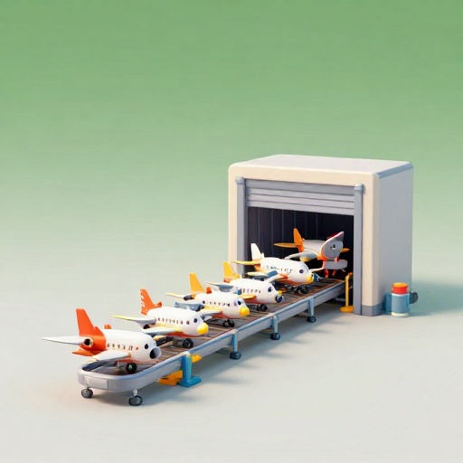 Una línea de montaje de dibujos animados produciendo una gran cantidad de aviones.