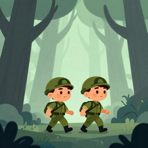 Dos soldados de dibujos animados moviéndose con cautela a través de un bosque denso y brumoso.