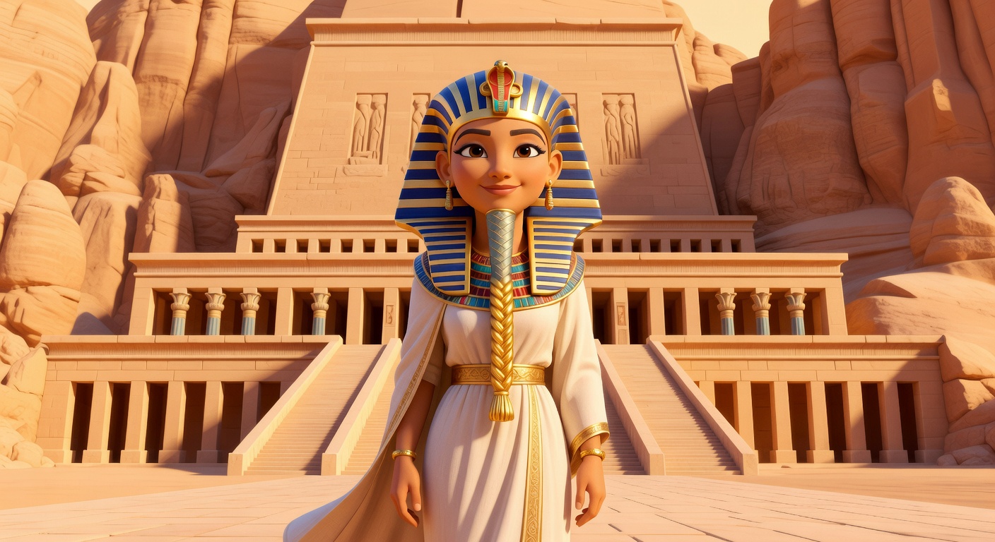 Pixar-style illustration of Queen Hatshepsut wearing a pharaoh's false beard and royal headdress, standing before her grand temple at Deir el-Bahri.