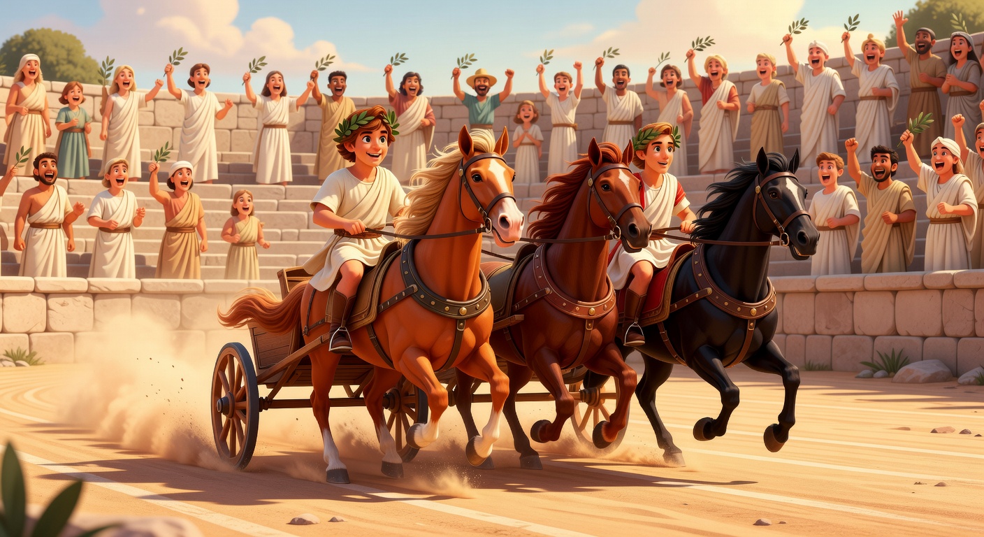 Pixar-style illustration of an exciting ancient Greek chariot race at Olympia with horses galloping and a cheering crowd in a sandy arena.