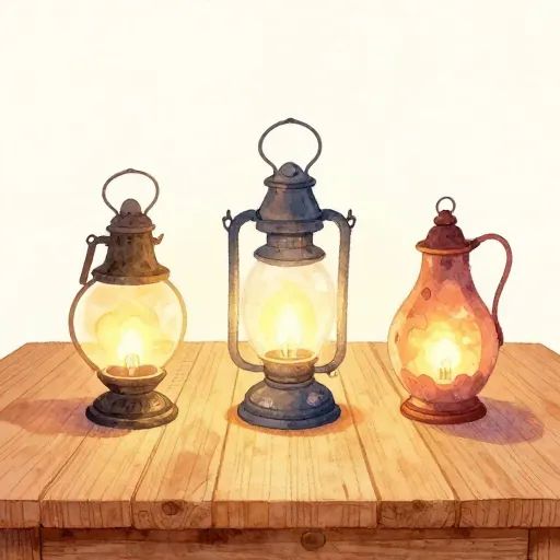 Three ancient oil lamps giving off a warm, shared light.